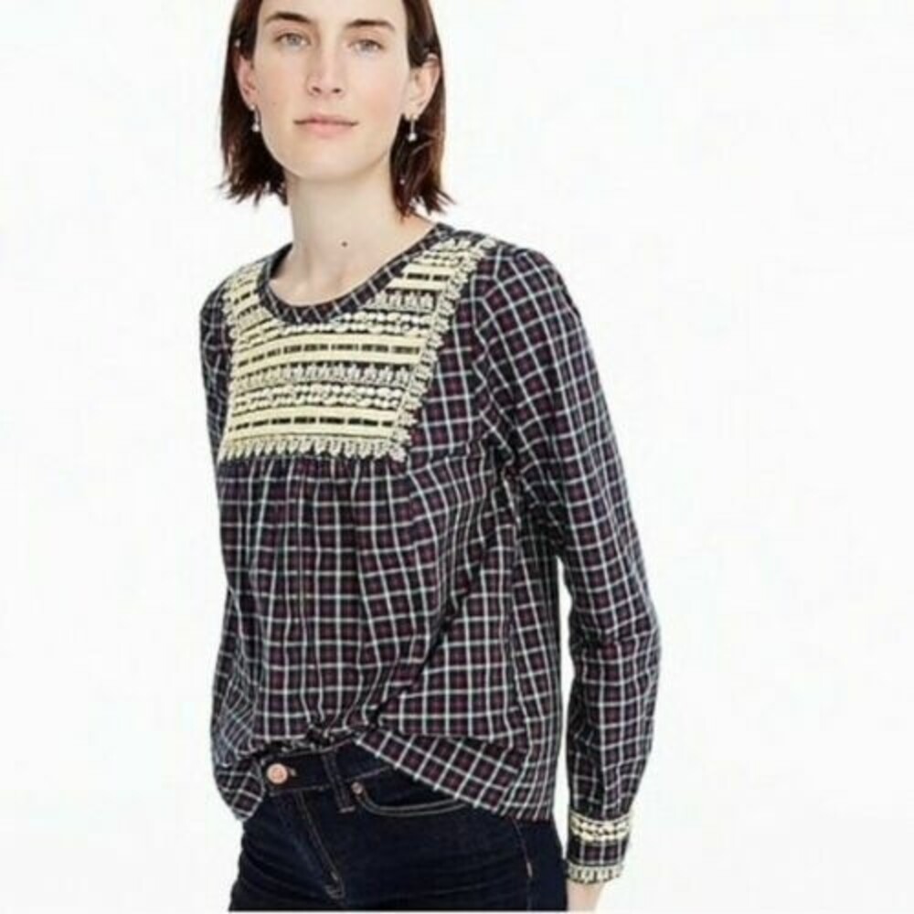 J.Crew Gold Embroidered Peasant Bib Top Size S Long Sleeve Cotton Plaid EUC B30